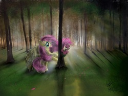 Size: 1024x768 | Tagged: safe, artist:vmtp52, fluttershy, pegasus, pony, g4, amazed, female, flower, forest, looking at something, mare, open mouth, outdoors, smiling, solo, spread wings, tree, wings