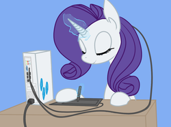 Size: 1111x827 | Tagged: safe, artist:fribox, rarity, cyborg, pony, unicorn, g4, computer, eyes closed, female, glowing horn, horn, magic, mare, simple background, smiling, solo, telekinesis, wires