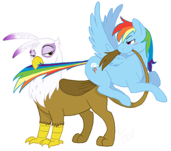 Size: 900x797 | Tagged: safe, artist:cartoonlion, gilda, rainbow dash, griffon, pegasus, pony, g4, female, griffon x pony, interspecies, lesbian, ship:gildash, shipping, simple background, tail bite, white background