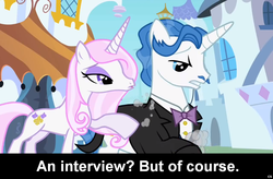 Size: 1024x672 | Tagged: safe, fancypants, fleur-de-lis, pony, unicorn, comic:celestia's servant interview, g4, caption, female, interview, male, mare, stallion