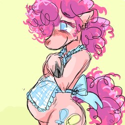 Size: 600x600 | Tagged: dead source, safe, artist:tappyraspberry, pinkie pie, g4, apron, blushing, clothes, hilarious in hindsight, mama pinkie, pregnant, simple background, yellow background