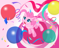 Size: 1000x821 | Tagged: safe, artist:8->, pinkie pie, earth pony, pony, g4, balloon, confetti, cute, diapinkes, female, looking up, mare, open mouth, pixiv, solo, streamers