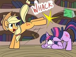 Size: 1000x750 | Tagged: safe, artist:firebrandkun, applejack, twilight sparkle, earth pony, pony, unicorn, g4, book, bucking, face down ass up, female, golden oaks library, kicking, library, mare, open mouth, scared