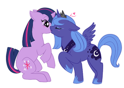 Size: 700x500 | Tagged: safe, artist:lulubell, princess luna, twilight sparkle, alicorn, pony, unicorn, g4, duo, female, kiss on the lips, kissing, lesbian, mare, s1 luna, ship:twiluna, shipping, simple background, unicorn twilight, white background