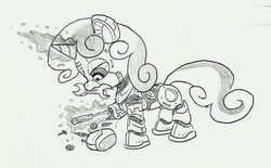 Size: 900x558 | Tagged: safe, artist:joelashimself, sweetie belle, pony, robot, unicorn, g4, black and white, female, filly, foal, glowing horn, grayscale, hooves, horn, levitation, magic, monochrome, repairing, screwdriver, self-repair, solo, sweetie bot, telekinesis, tools, wrench