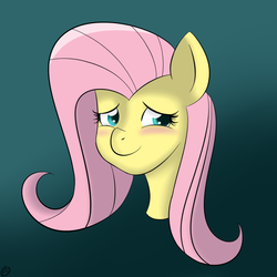 Size: 1600x1600 | Tagged: safe, artist:terra-aquis, fluttershy, pony, g4, blushing, bust, female, gradient background, looking at you, mare, portrait, smiling, solo, three quarter view