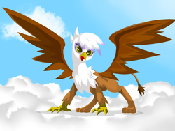 Size: 1000x750 | Tagged: safe, artist:8->, gilda, griffon, g4, cloud, cloudy, female, looking at you, pixiv, sky, solo, spread wings, wings