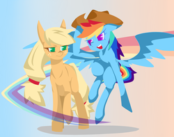 Size: 1000x787 | Tagged: safe, artist:8->, applejack, rainbow dash, earth pony, pegasus, pony, g4, accessory swap, accessory theft, applejack's hat, cowboy hat, duo, duo female, female, flying, freckles, gradient background, hat, looking at someone, mare, open mouth, pixiv, rainbow, raised hoof, spread wings, wings