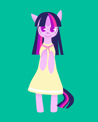 Size: 642x800 | Tagged: safe, artist:8->, twilight sparkle, pony, unicorn, g4, bipedal, birthday dress, clothes, dress, female, green background, mare, pixiv, simple background, solo, standing