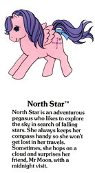 Size: 550x1000 | Tagged: safe, north star (g1), pegasus, pony, g1, official, bow, cute, female, flying, g1 backstory, g1 northabetes, mare, my little pony fact file, north star can fly, smiling, solo, tail, tail bow