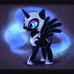Size: 403x403 | Tagged: safe, artist:araraginatsuki, edit, oc, oc only, oc:nyx, alicorn, pony, fanfic:past sins, alicorn oc, armor, cute, ethereal mane, eyeshadow, filly, helmet, hoof shoes, horn, makeup, nightmare nyx, not nightmare moon, ocbetes, open mouth, open smile, peytral, smiling, solo, spread wings, wings
