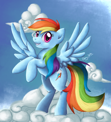 Size: 928x1022 | Tagged: safe, artist:pony-spiz, rainbow dash, pegasus, pony, g4, cloud, cloudy, female, mare, rearing, smiling, solo