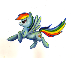 Size: 800x619 | Tagged: safe, artist:deovacuus, rainbow dash, pegasus, pony, g4, female, mare, raised hoof, simple background, solo, spread wings, traditional art, white background, wings