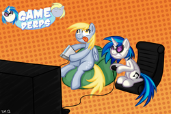 Size: 1500x1000 | Tagged: safe, artist:serenamidori, derpy hooves, dj pon-3, vinyl scratch, pegasus, pony, unicorn, g4, crossover, duo, duo female, female, game grumps, mare, video game