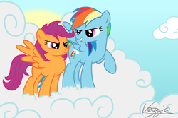 Size: 1500x1000 | Tagged: dead source, safe, artist:veggie55, rainbow dash, scootaloo, pegasus, pony, g4, cloud, duo, duo female, female, filly, foal, mare, raised hoof, scootalove, sky, sun