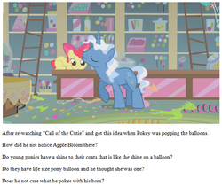 Size: 649x544 | Tagged: safe, edit, edited screencap, screencap, apple bloom, pokey pierce, call of the cutie, g4, my little pony: friendship is magic, balloon popping, discussion, duo, meta, party balloon