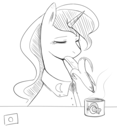 Size: 550x600 | Tagged: safe, artist:japananon, artist:昔の傷口, princess luna, alicorn, pony, g4, banana, clothes, coffee, crying, eating, female, herbivore, mare, monochrome, mouth hold, pajamas, solo