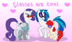 Size: 749x446 | Tagged: safe, artist:pinwheel-princess, dj pon-3, rarity, silver spoon, twist, vinyl scratch, earth pony, pony, unicorn, g4, female, filly, foal, glasses, heart, mare