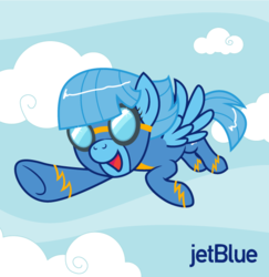 Size: 562x579 | Tagged: safe, artist:hezaa, oc, oc only, oc:jet stream, pegasus, pony, airline, cloud, cloudy, female, flying, goggles, jetblue, mare, mascot, ponified, solo, wonderbolts, wonderbolts uniform
