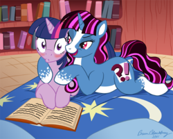 Size: 718x574 | Tagged: safe, artist:brianblackberry, twilight sparkle, oc, oc:whatnot, g4, bed, blushing, book