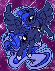 Size: 2550x3300 | Tagged: safe, artist:crizltron, princess luna, alicorn, pony, g4, female, flying, high res, mare, solo, starry background