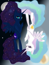 Size: 3000x4000 | Tagged: safe, artist:hexagonacid, princess celestia, princess luna, alicorn, pony, g4, duo, female, mare, moon, sun, yin-yang