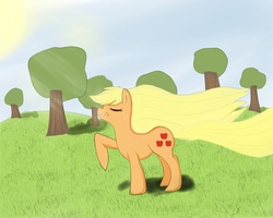 Size: 1280x1024 | Tagged: safe, artist:zora-artist, applejack, earth pony, pony, g4, eyes closed, female, loose hair, mare, raised hoof, windswept mane