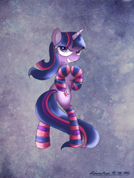 Size: 600x800 | Tagged: safe, artist:kairaanix, twilight sparkle, pony, unicorn, g4, abstract background, bipedal, clothes, female, mare, socks, solo, striped socks