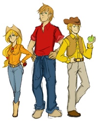 Size: 500x621 | Tagged: safe, artist:leftpencil, applejack, big macintosh, braeburn, human, g4, apple family, clothes, cowbow vest, humanized, jeans