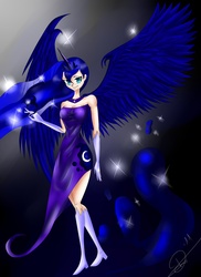 Size: 2550x3510 | Tagged: safe, artist:noideasfornicknames, princess luna, human, g4, boots, clothes, evening gloves, female, high res, horn, horned humanization, humanized, skinny, solo, thin, winged humanization