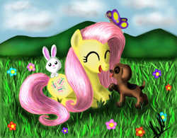 Size: 2008x1567 | Tagged: safe, artist:vet2b, angel bunny, fluttershy, butterfly, dog, pegasus, pony, g4, colored, cute, eyes closed, female, field, mare, open mouth, puppy, scenery