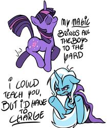 Size: 605x723 | Tagged: safe, artist:hak2, trixie, twilight sparkle, g4, duo, eyes closed, lyrics, parody, text