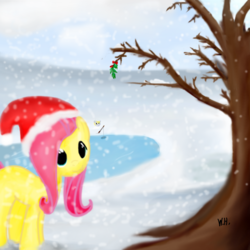 Size: 1500x1500 | Tagged: safe, artist:brony2you, derpy hooves, fluttershy, pegasus, pony, g4, christmas, duo, female, hat, mare, santa hat, snow, snowfall, tree