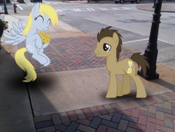 Size: 2048x1536 | Tagged: safe, artist:tokkazutara1164, derpy hooves, doctor whooves, time turner, pony, eating, irl, muffin, photo, ponies in real life, sidewalk, street, vector