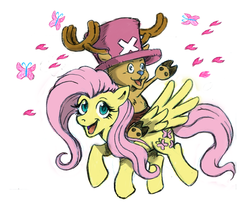 Size: 648x576 | Tagged: safe, artist:irie-mangastudios, fluttershy, deer, pegasus, pony, anthro, g4, crossover, one piece, open mouth, tony tony chopper