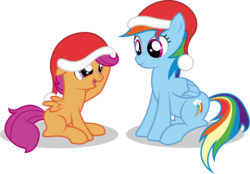 Size: 3953x2750 | Tagged: safe, artist:emkay-mlp, rainbow dash, scootaloo, pegasus, pony, g4, christmas, duo, duo female, female, hat, high res, santa hat, scootalove, simple background, transparent background