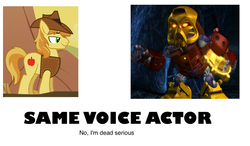 Size: 999x585 | Tagged: safe, braeburn, g4, andrew francis, bionicle, exploitable meme, jaller, lego, meta, same voice actor