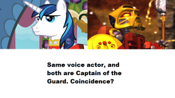 Size: 800x450 | Tagged: safe, shining armor, g4, andrew francis, bionicle, coincidence, exploitable meme, jaller, lego, meta, mind blown, same voice actor