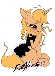 Size: 1728x2398 | Tagged: safe, artist:xxxsketchbookxxx, taralicious, oc, oc only, pony, unicorn, blushing, clothes, female, maid, mare, simple background, solo, tara strong, transparent background