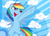 Size: 2338x1700 | Tagged: safe, artist:tess, rainbow dash, pegasus, pony, g4, cloud, female, mare, open mouth, pointing, solo