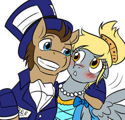 Size: 780x750 | Tagged: safe, artist:jitterbugjive, derpy hooves, doctor whooves, time turner, earth pony, pegasus, pony, lovestruck derpy, g4, blushing, clothes, dress, female, hat, male, mare, ship:doctorderpy, shipping, smiling, stallion, straight, suit, top hat