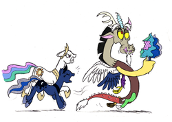 Size: 883x629 | Tagged: safe, artist:mickeymonster, discord, princess celestia, princess luna, draconequus, earth pony, pony, g4, angry, bald, celestia is not amused, cotton candy, discord being discord, food, greatest internet moments, hilarious in hindsight, hornless unicorn, luna is not amused, modular, this will end in pain, this will end in petrification, unamused, wingless