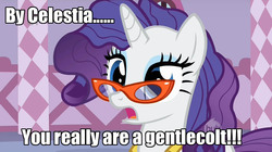 Size: 1280x718 | Tagged: safe, edit, edited screencap, screencap, rarity, pony, unicorn, g4, suited for success, caption, ei, female, gentlecolt, glasses, hub logo, hubble, image macro, mare, out of context, solo, the hub