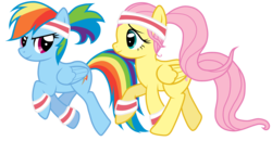 Size: 5000x2609 | Tagged: safe, artist:jennieoo, fluttershy, rainbow dash, pegasus, pony, g4, alternate hairstyle, duo, female, headband, jogging, leg warmers, mare, ponytail, running, show accurate, simple background, sweatband, transparent background, vector, workout, workout outfit