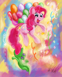 Size: 6383x7920 | Tagged: safe, artist:rariedash, gummy, pinkie pie, alligator, earth pony, pony, g4, abstract background, absurd resolution, animal, balloon, biting, duo, female, floating, happy, male, mare, open mouth, tail, tail bite, then watch her balloons lift her up to the sky