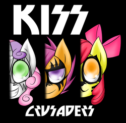 Size: 844x825 | Tagged: safe, artist:kelcasual, apple bloom, scootaloo, sweetie belle, g4, album cover, black background, kiss (band), parody, simple background