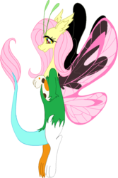 Size: 744x1116 | Tagged: safe, artist:cdla, fluttershy, draconequus, g4, butterfly wings, draconequified, female, floating, flutterequus, flutterfly, mismatched wings, simple background, solo, species swap, transparent background, wings