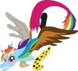 Size: 925x839 | Tagged: safe, artist:cdla, rainbow dash, draconequus, g4, colored pupils, draconequified, duo, female, flying, grin, mismatched wings, simple background, smiling, solo, species swap, transparent background, wings