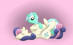 Size: 865x540 | Tagged: safe, artist:blackcat027, bon bon, lyra heartstrings, sweetie drops, earth pony, pony, unicorn, g4, belly, bellyrubs, duo, eyes closed, female, lesbian, lying down, magical lesbian spawn, mare, offspring, on back, open mouth, pregnant, ship:lyrabon, shipping