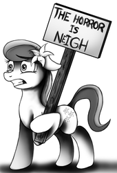 Size: 543x800 | Tagged: safe, artist:jamescorck, edit, lily, lily valley, earth pony, pony, g4, female, floppy ears, mare, monochrome, pun, sign, solo, the horror
